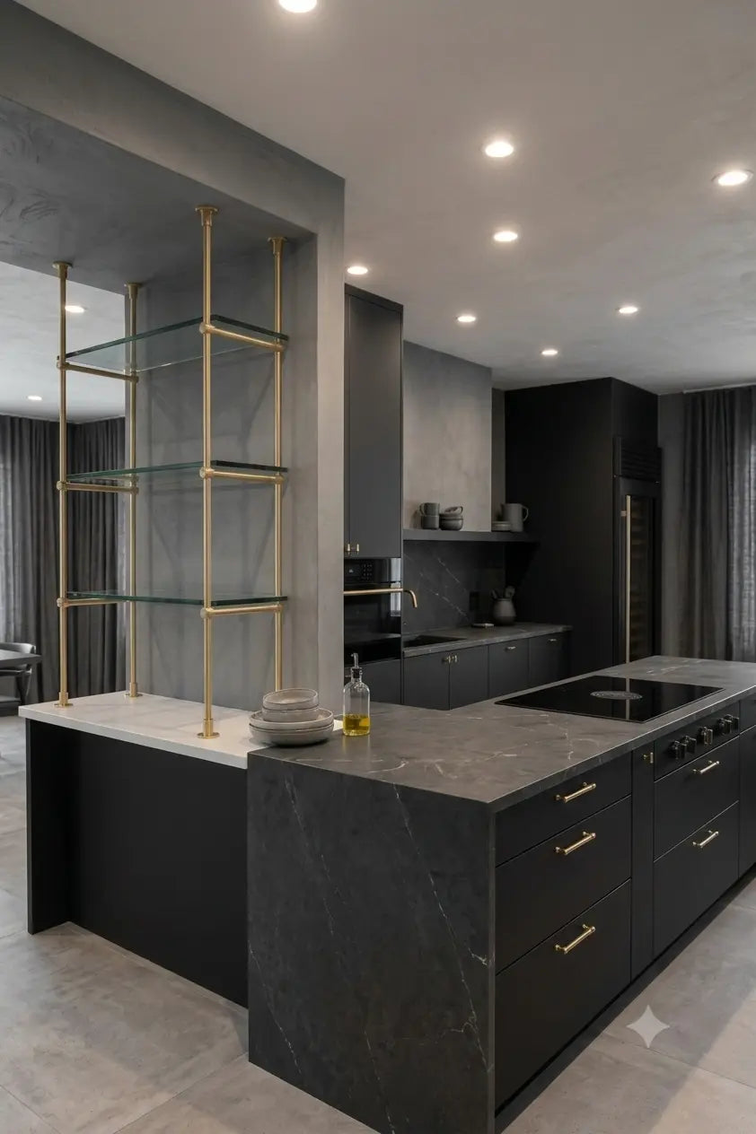Solid Brass Glass Shelving Unit, French Bistro Bar Storage, Ceiling Mounted Brass Supports