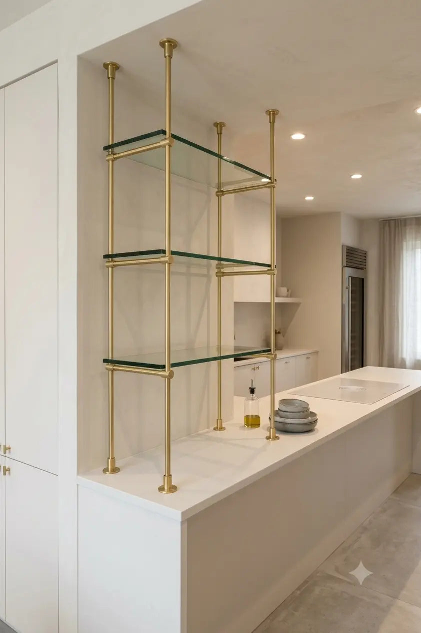 Solid Brass Glass Shelving Unit, French Bistro Bar Storage, Ceiling Mounted Brass Supports