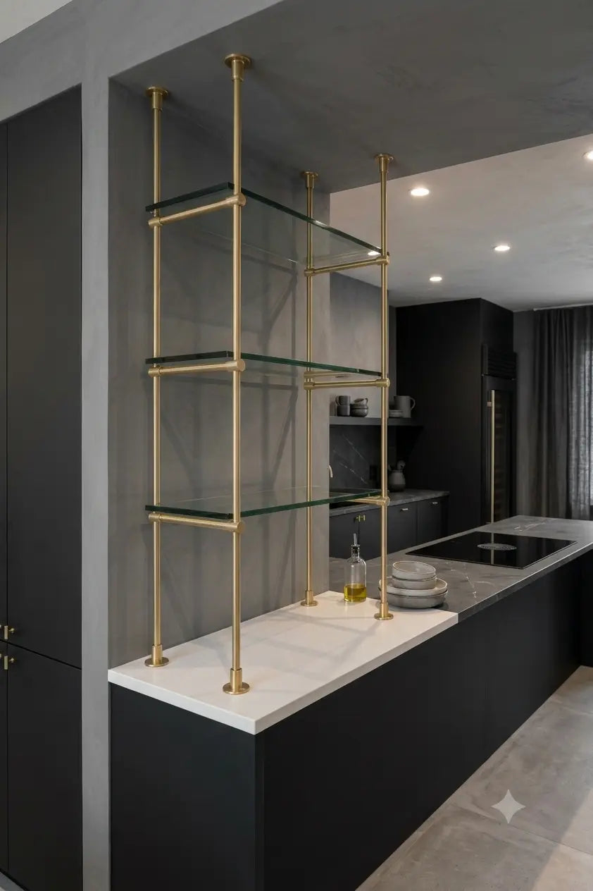 Solid Brass Glass Shelving Unit, French Bistro Bar Storage, Ceiling Mounted Brass Supports