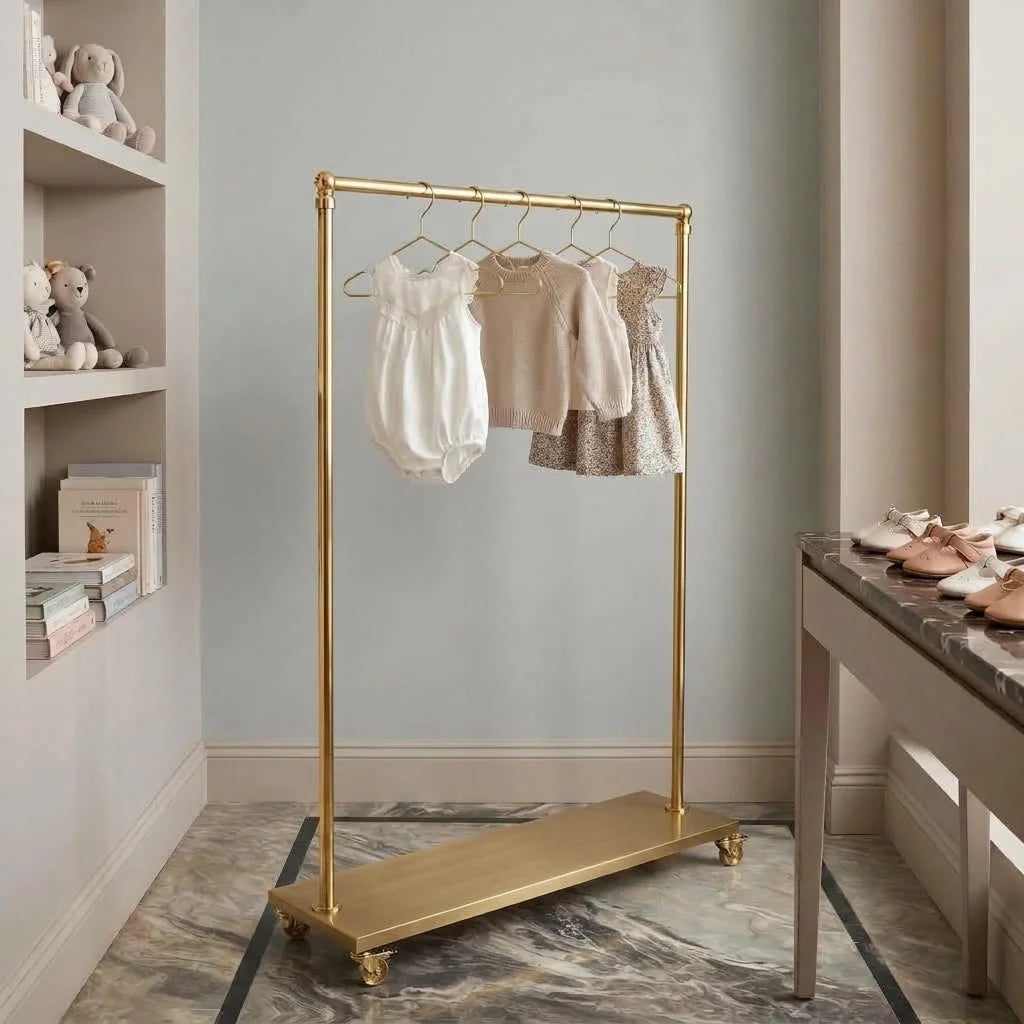 Brass Garment Rack with Shelf, Rolling Clothes Display Stand, Brass Clothing Rack