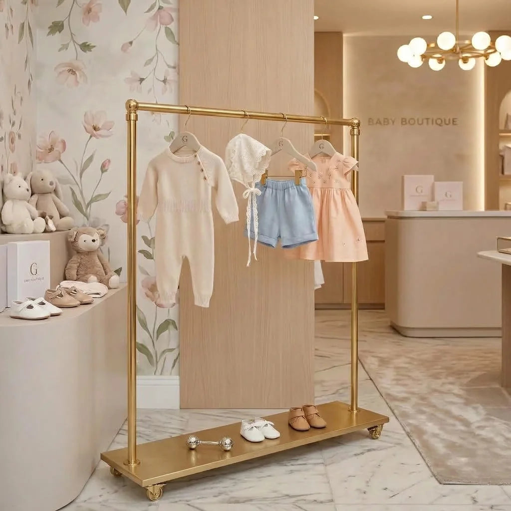Brass Garment Rack with Shelf, Rolling Clothes Display Stand, Brass Clothing Rack