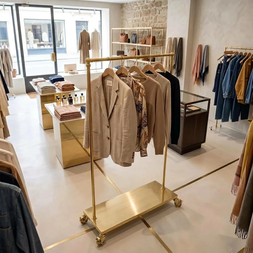 Brass Garment Rack with Shelf, Rolling Clothes Display Stand, Brass Clothing Rack