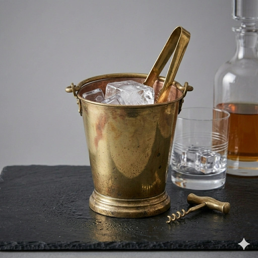 Solid brass ice bucket with a polished finish with wine bottle and glass, designed to keep ice chilled while adding an elegant and timeless touch to bar or entertaining setups.