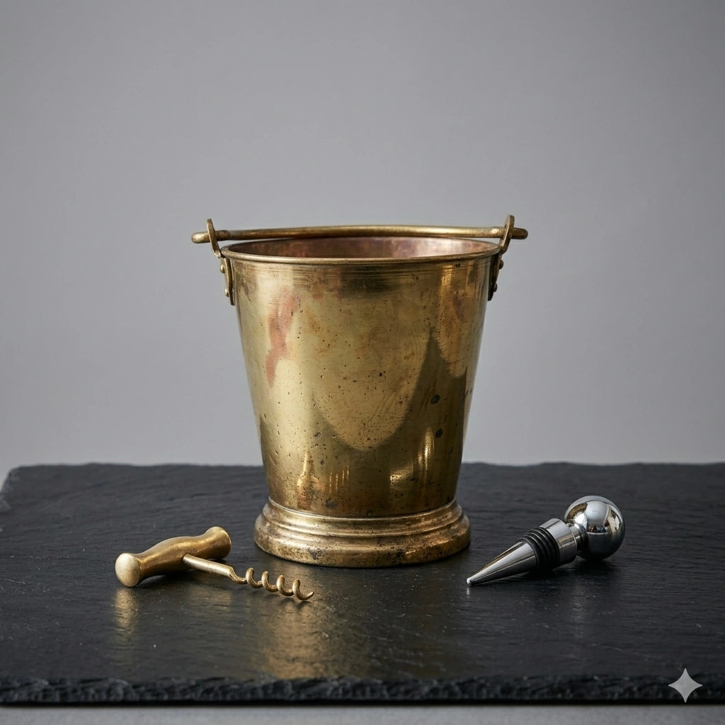 Solid brass ice bucket with a polished finish, designed to keep ice chilled while adding an elegant and timeless touch to bar or entertaining setups.