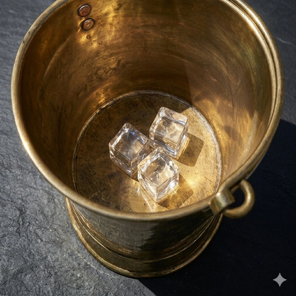 Solid brass ice bucket from upper side angle with a polished finish, designed to keep ice chilled while adding an elegant and timeless touch to bar or entertaining setups.