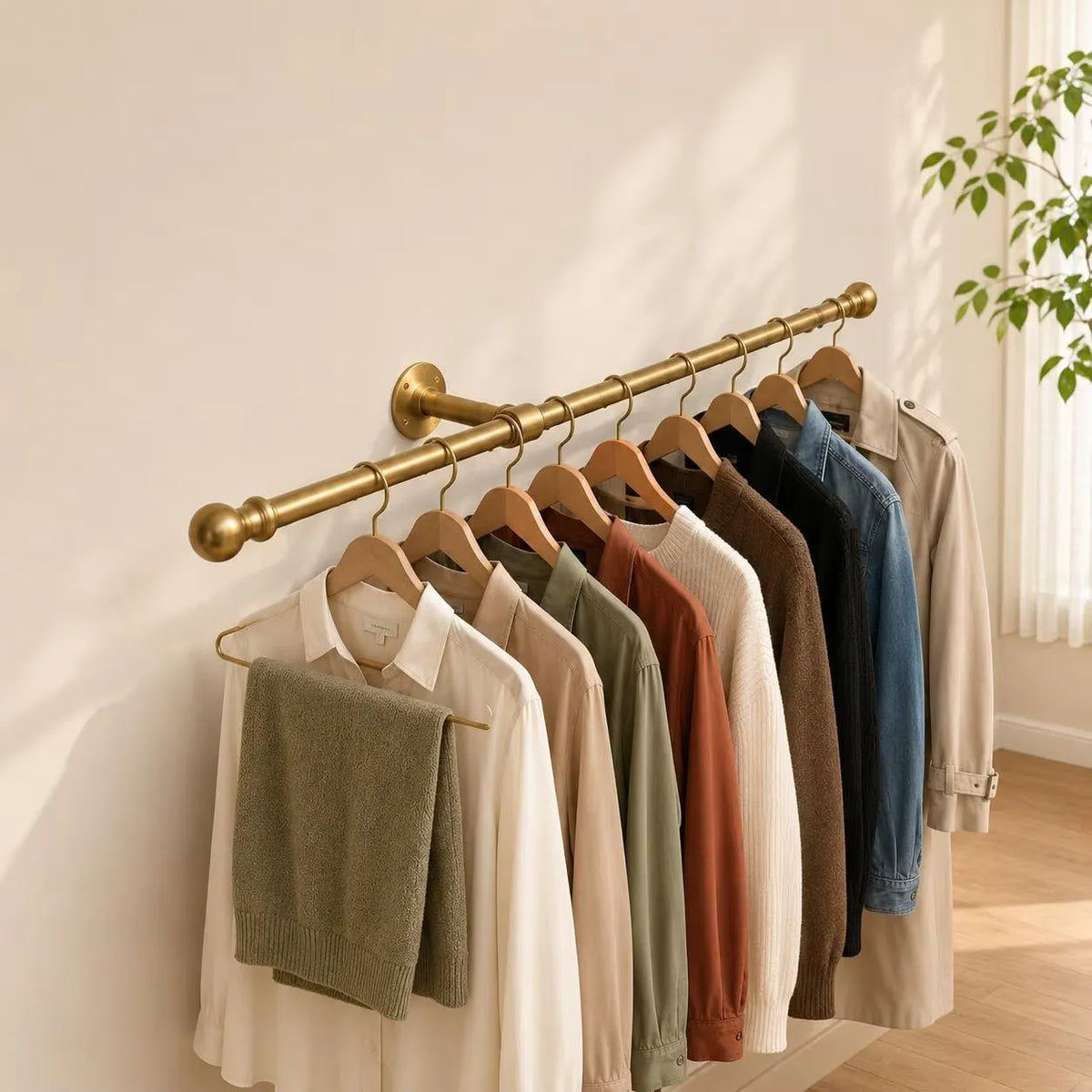 Wall Mounted Clothing Rod, Solid Garment Rack, Minimalist Closet Rod, Unlacquered Brass Hanging Rail