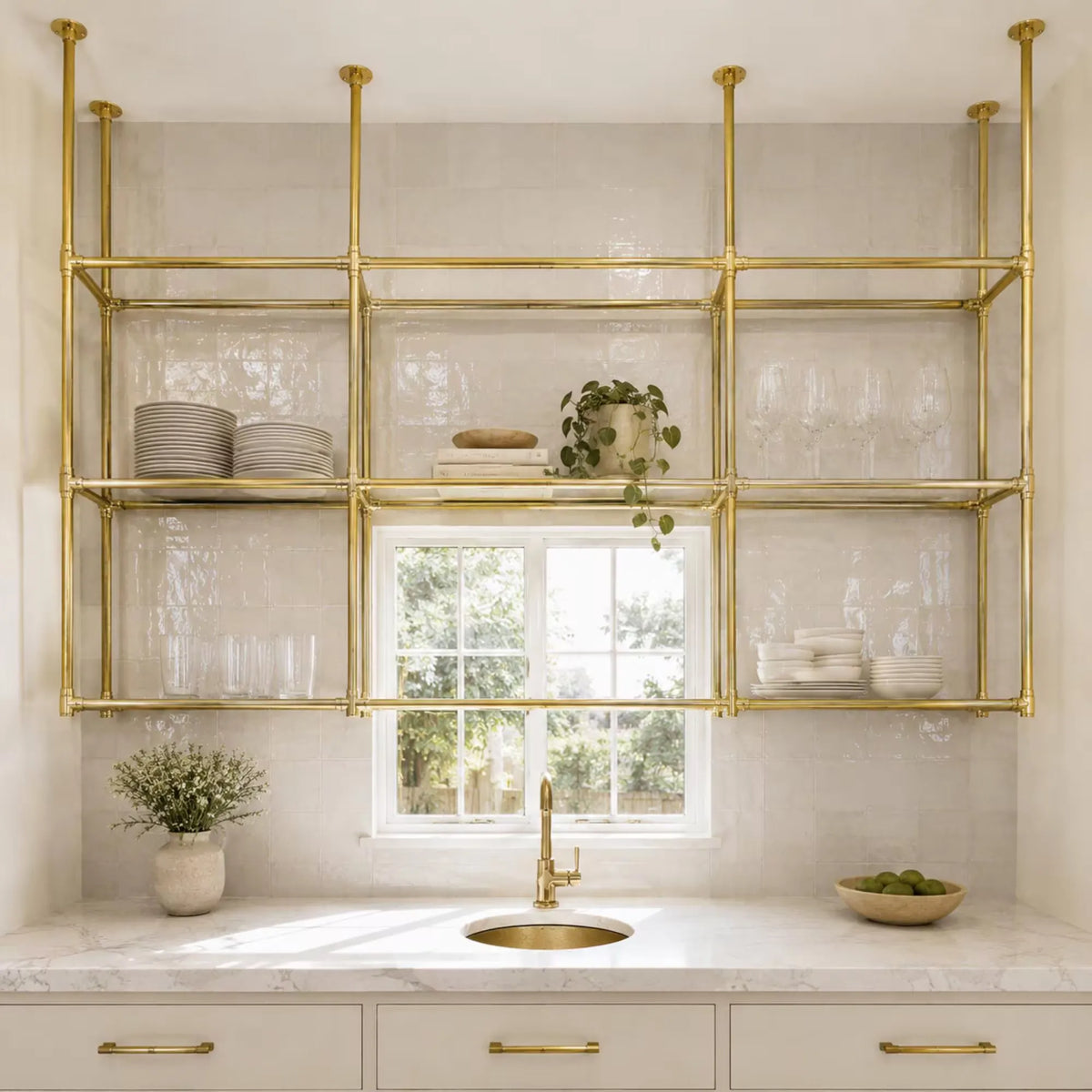 A modern kitchen scene with a large brass wall-mounted shelving unit above a white marble countertop and sink. The open shelves are styled with white plates, glassware, books, and a small potted plant.