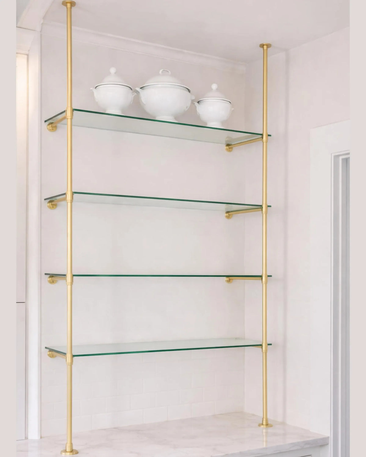 Unlacquered Brass Floor to Ceiling Shelving Frame – Customizable Luxury Bathroom Organizer