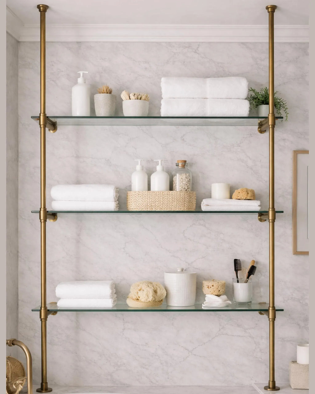 Unlacquered Brass Floor to Ceiling Shelving Frame – Customizable Luxury Bathroom Organizer