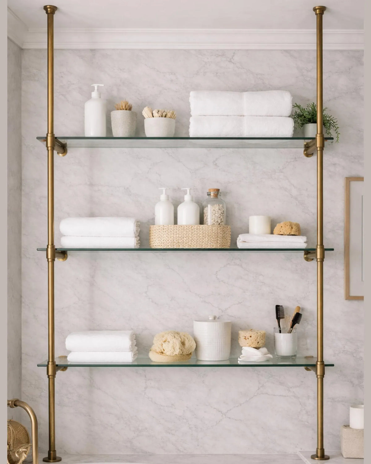 Unlacquered Brass Floor to Ceiling Shelving Frame – Customizable Luxury Bathroom Organizer