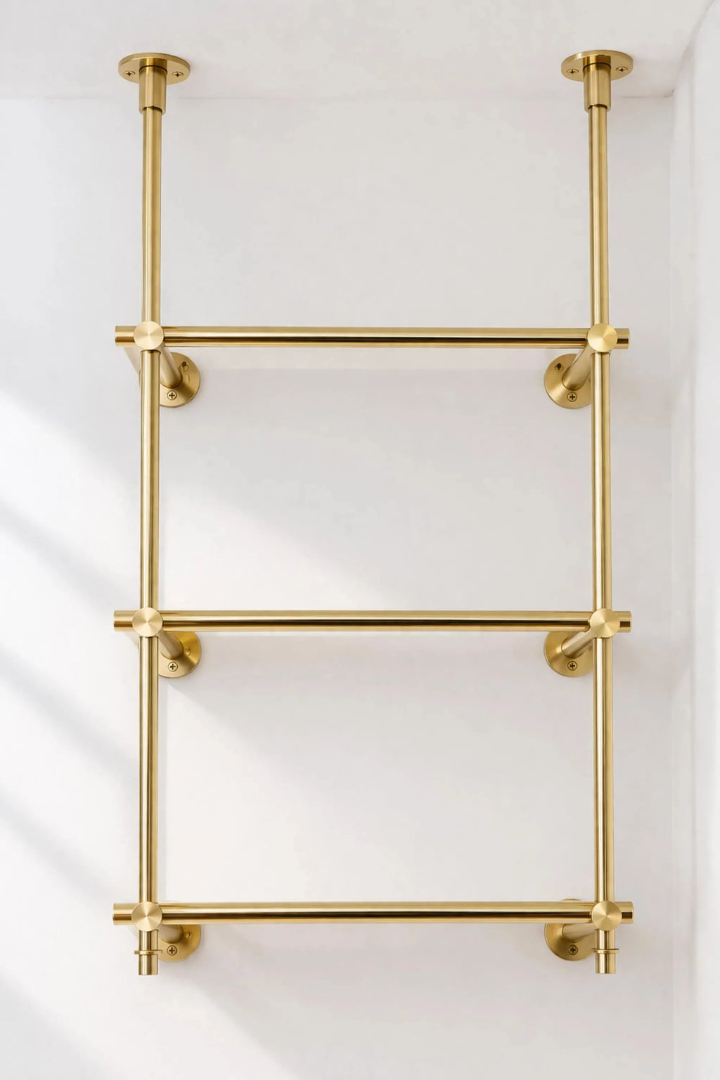 Solid Brass Glass Shelving Unit, French Bistro Bar Storage, Ceiling Mounted Brass Supports