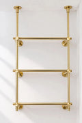 Solid Brass Glass Shelving Unit, French Bistro Bar Storage, Ceiling Mounted Brass Supports