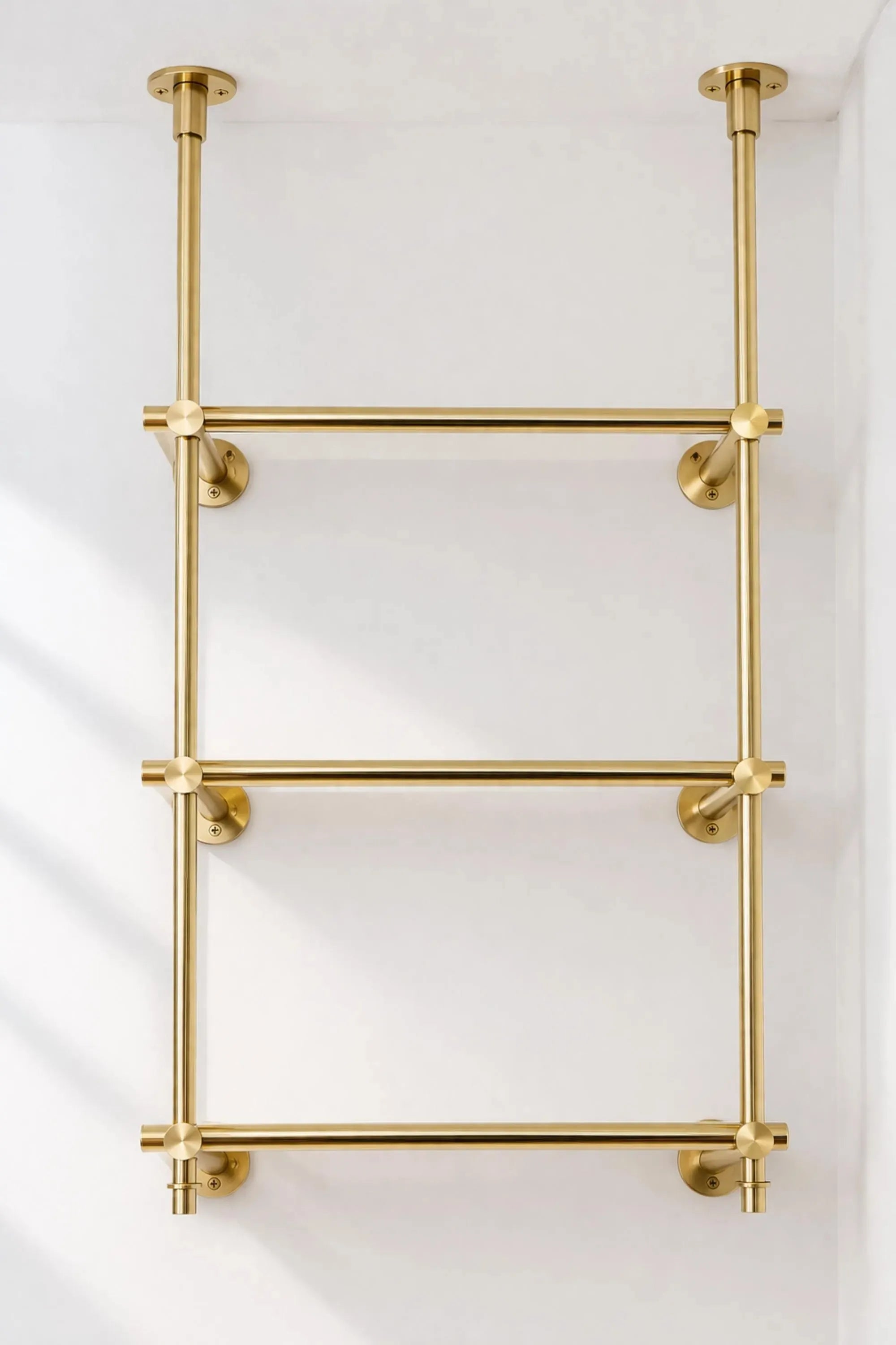 Solid Brass Glass Shelving Unit, French Bistro Bar Storage, Ceiling Mounted Brass Supports