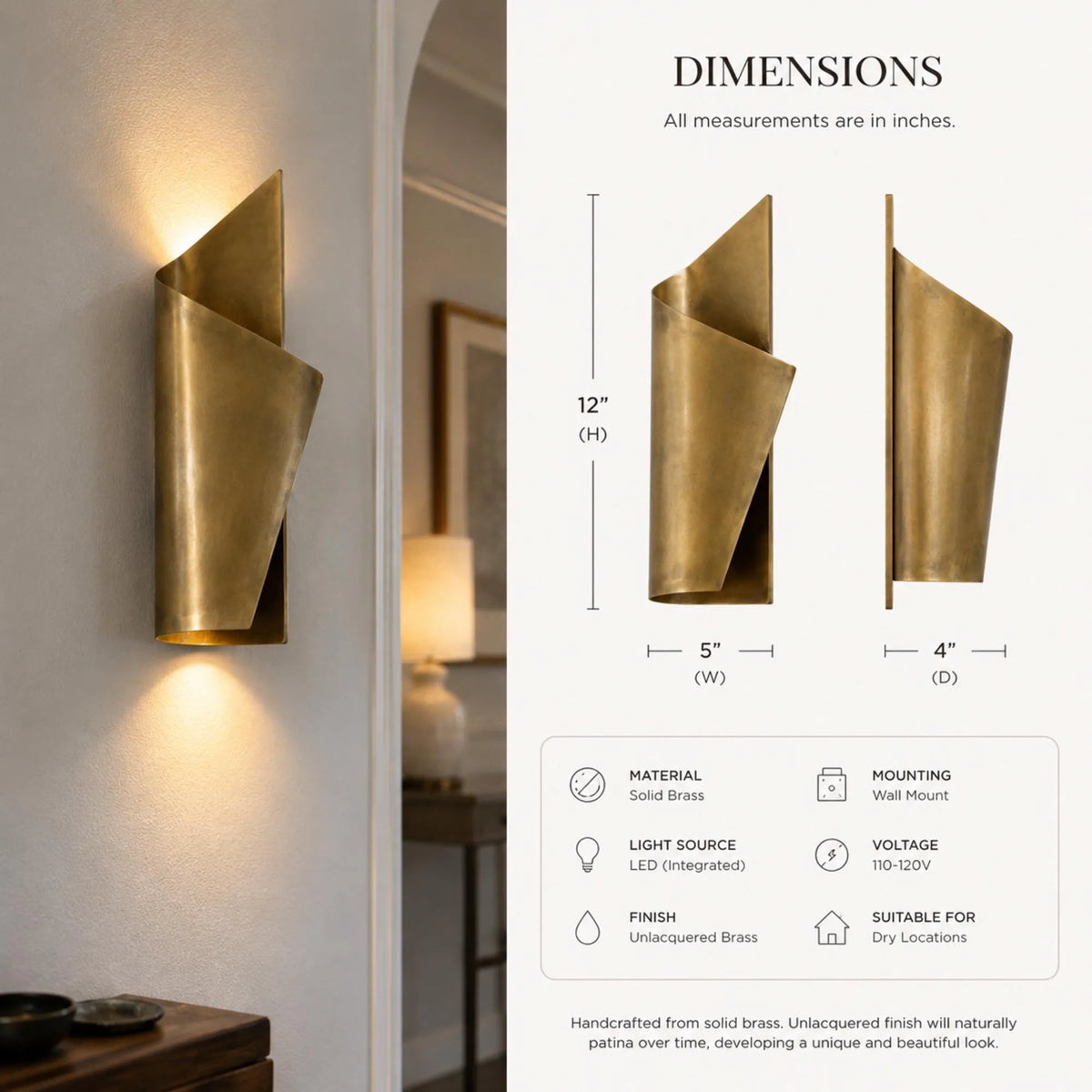 Gold brass wall sconce with dimensions and specifications shown on a clean interior background. The image includes a product photo on the left, a dimension diagram in the center, and feature icons on the right.