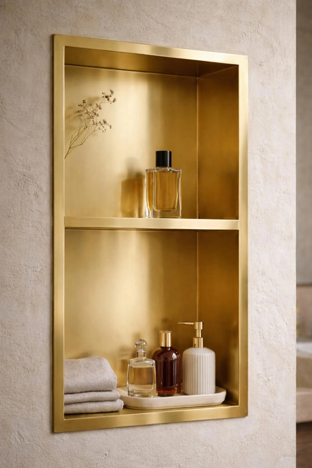 A modern, wall-mounted double-shelf niche cabinet in brushed gold metal, styled with bath accessories and a perfume bottle against a textured beige plaster wall.