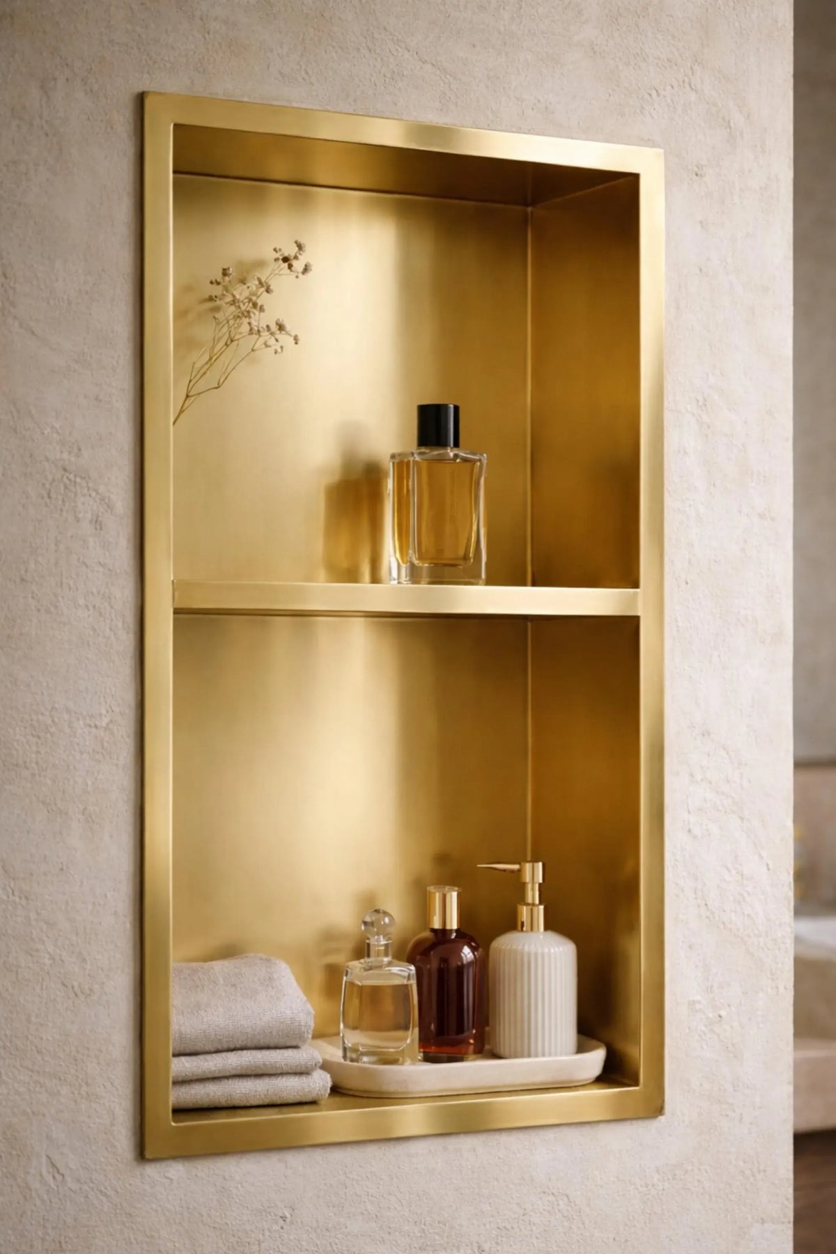 A modern, wall-mounted double-shelf niche cabinet in brushed gold metal, styled with bath accessories and a perfume bottle against a textured beige plaster wall.