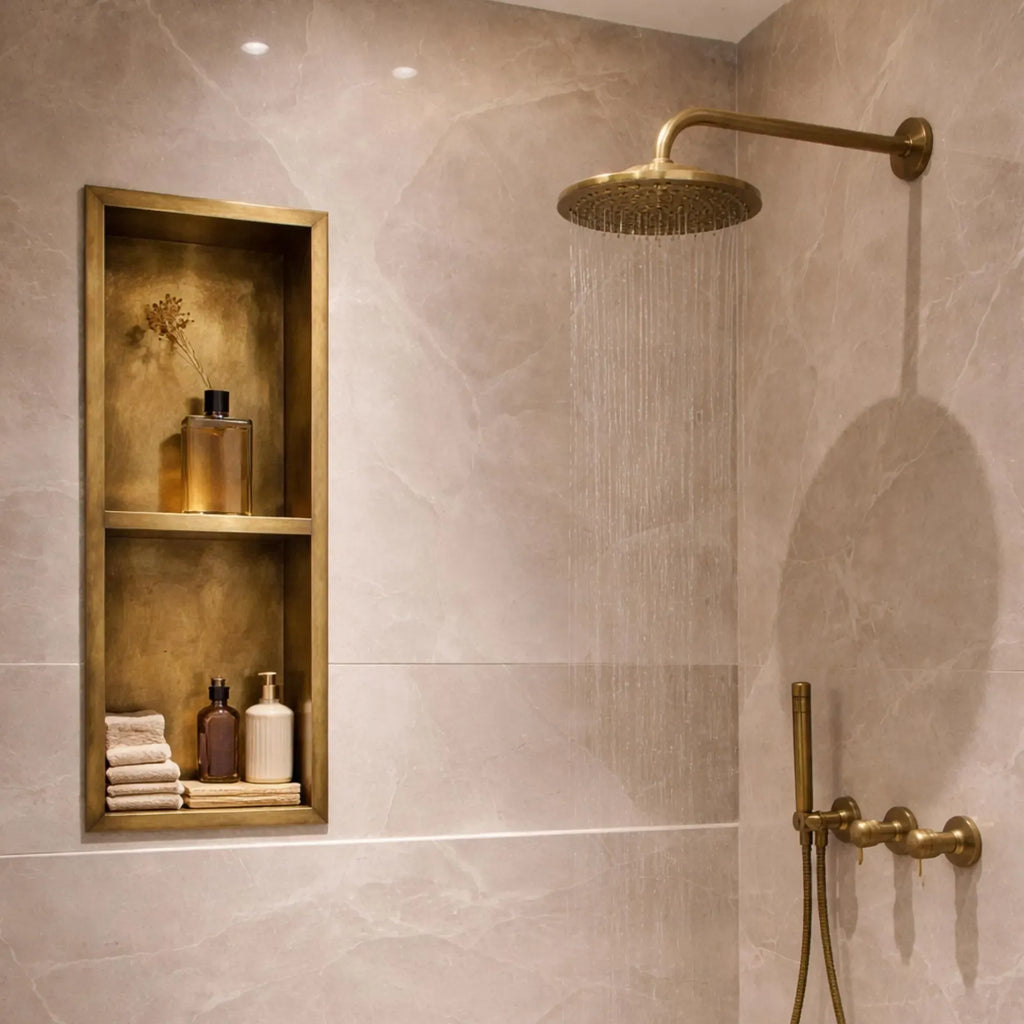 A luxury bathroom scene featuring a wall-mounted brass shower head with water flowing, a matching brass handheld shower hose, and a recessed brass shelf on beige marble tiles.