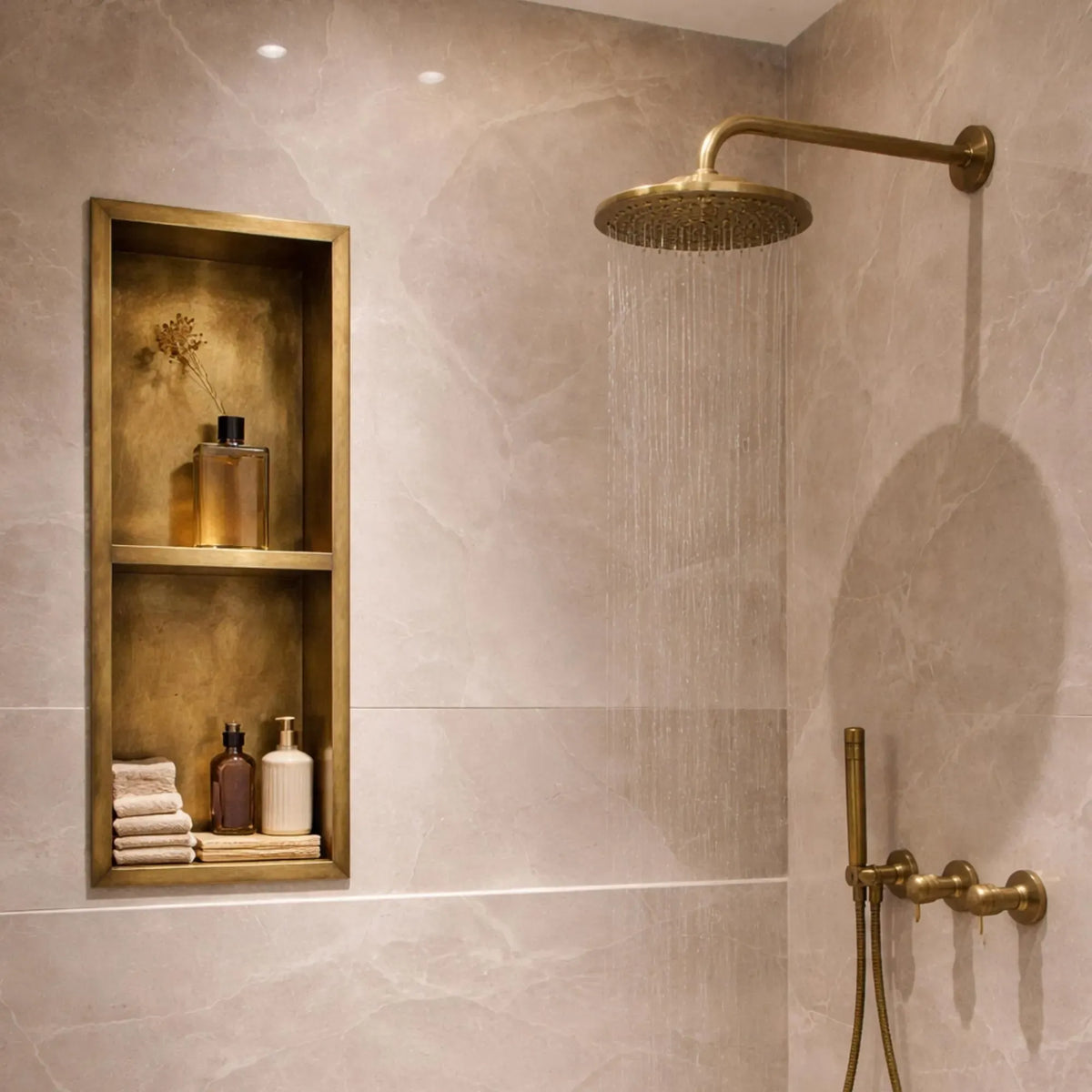 A luxury bathroom scene featuring a wall-mounted brass shower head with water flowing, a matching brass handheld shower hose, and a recessed brass shelf on beige marble tiles.