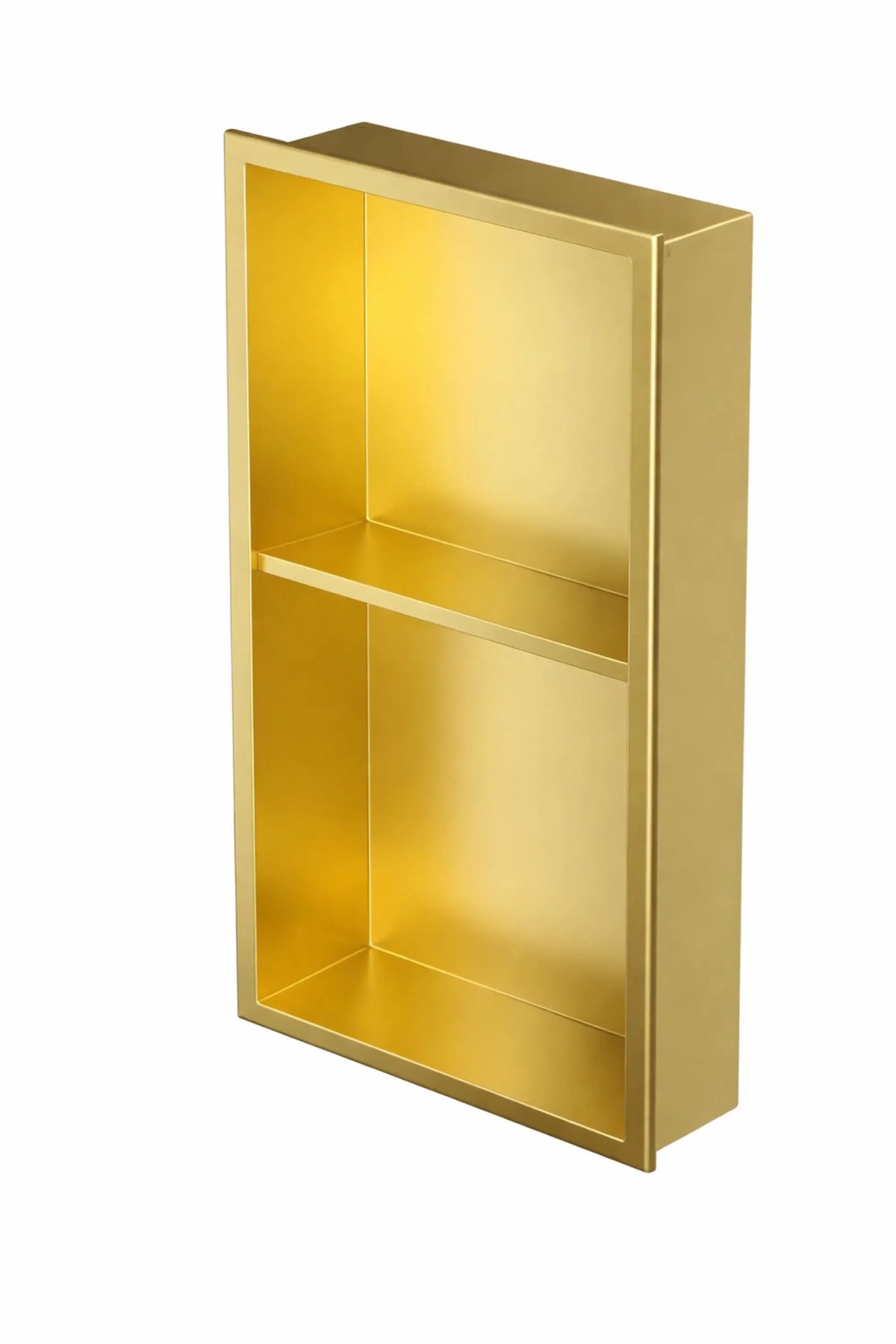 A modern, minimalist two-tier open shelving unit in a brushed gold finish, shown from a three-quarter angle against a solid white background.