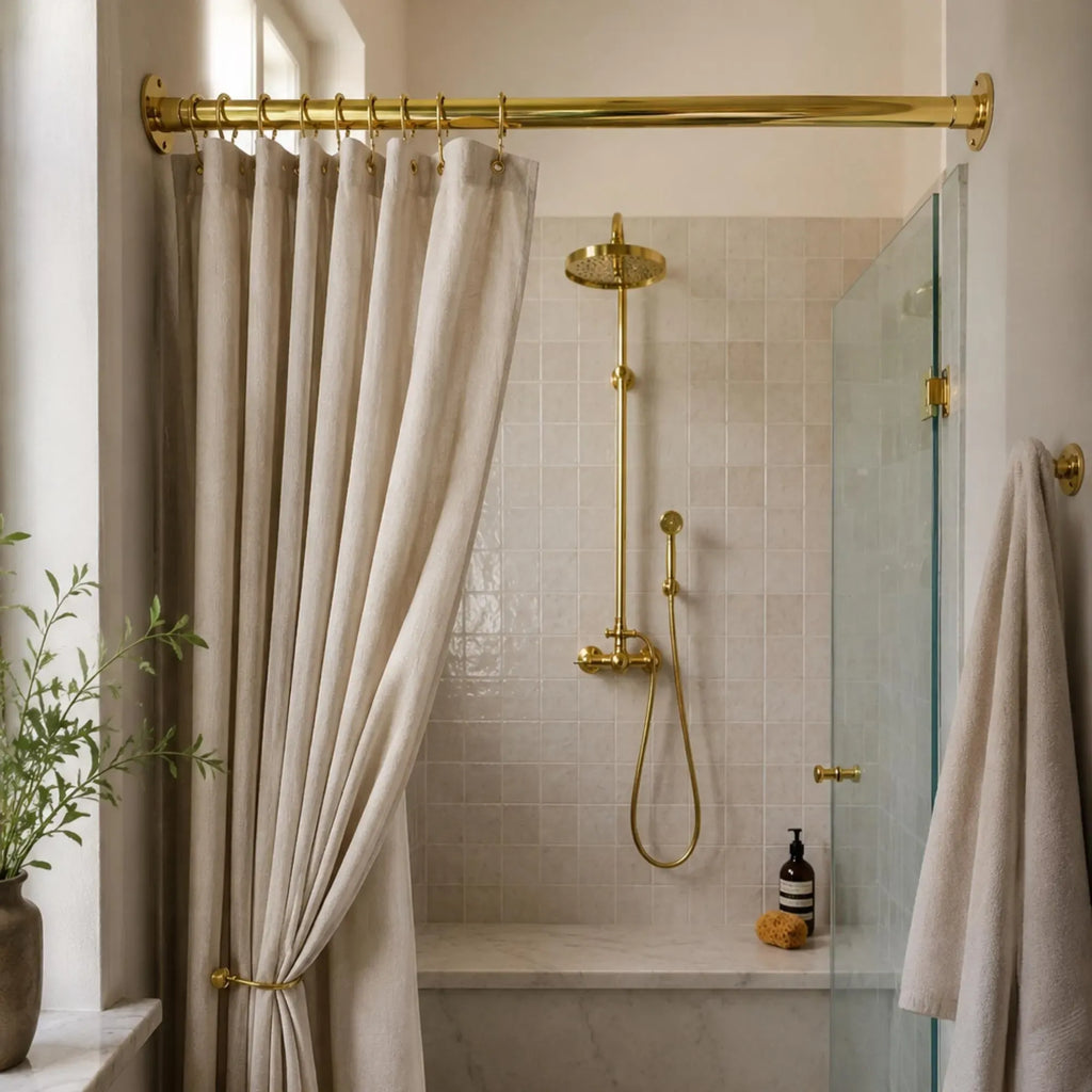 Unlacquered Brass Shower Rod – Wall-to-Wall Curtain Rail with Rings