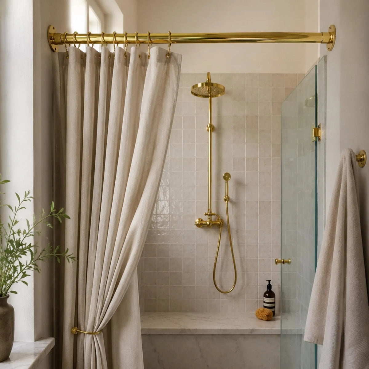 Unlacquered Brass Shower Rod – Wall-to-Wall Curtain Rail with Rings
