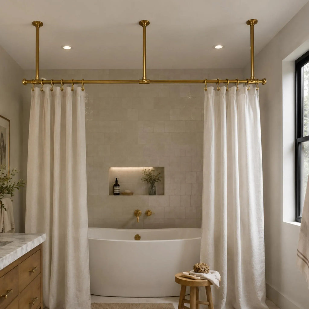 Unlacquered Brass Ceiling-Mounted Shower Curtain Rod, Custom Size Bathroom Hardware