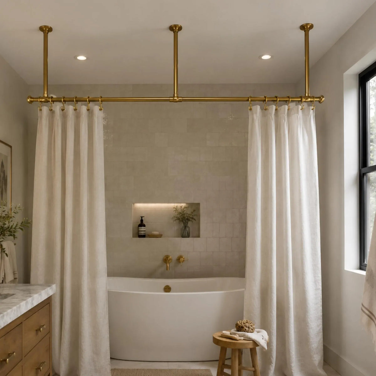 Unlacquered Brass Ceiling-Mounted Shower Curtain Rod, Custom Size Bathroom Hardware