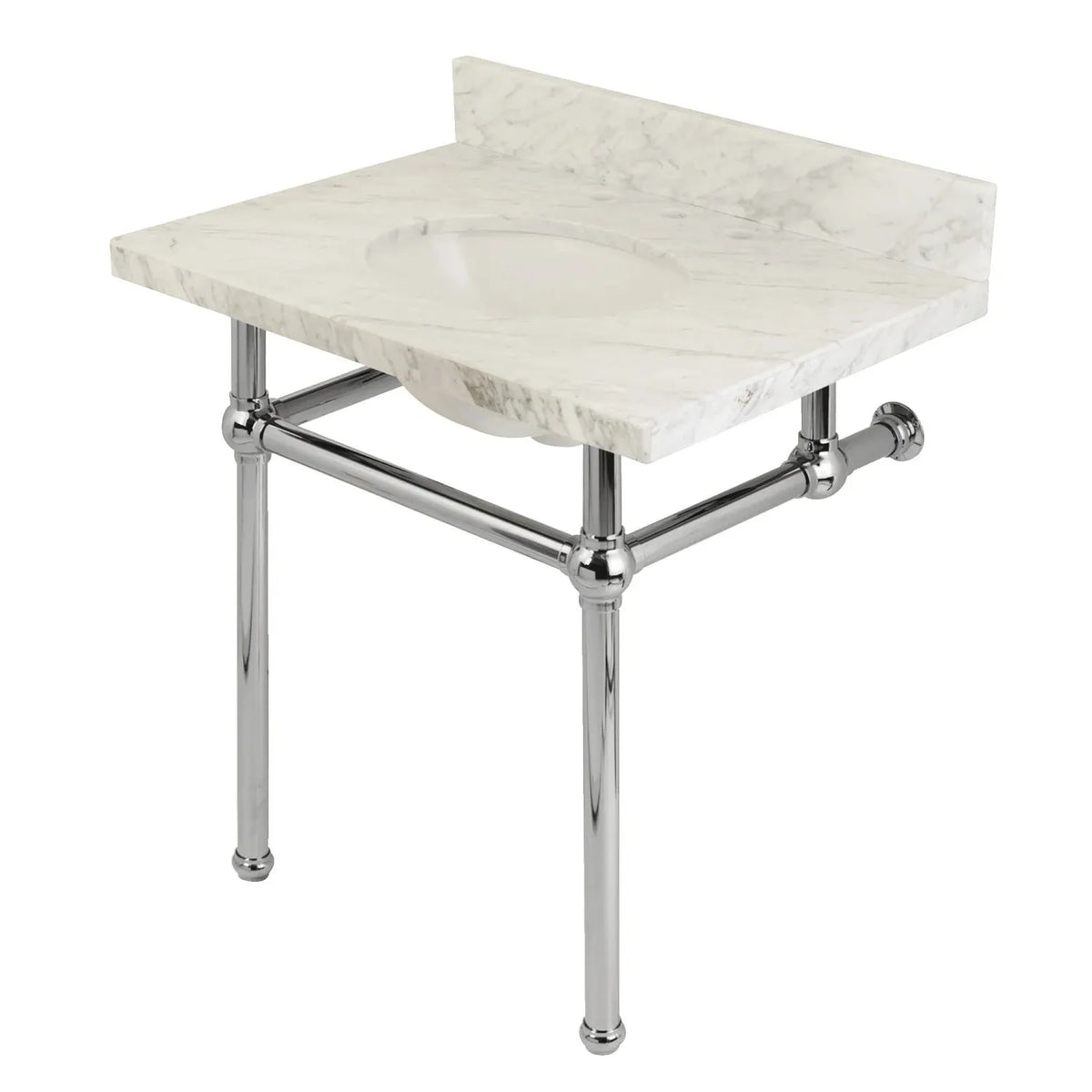 marble sink with a polished nickel console wall and floor mounted