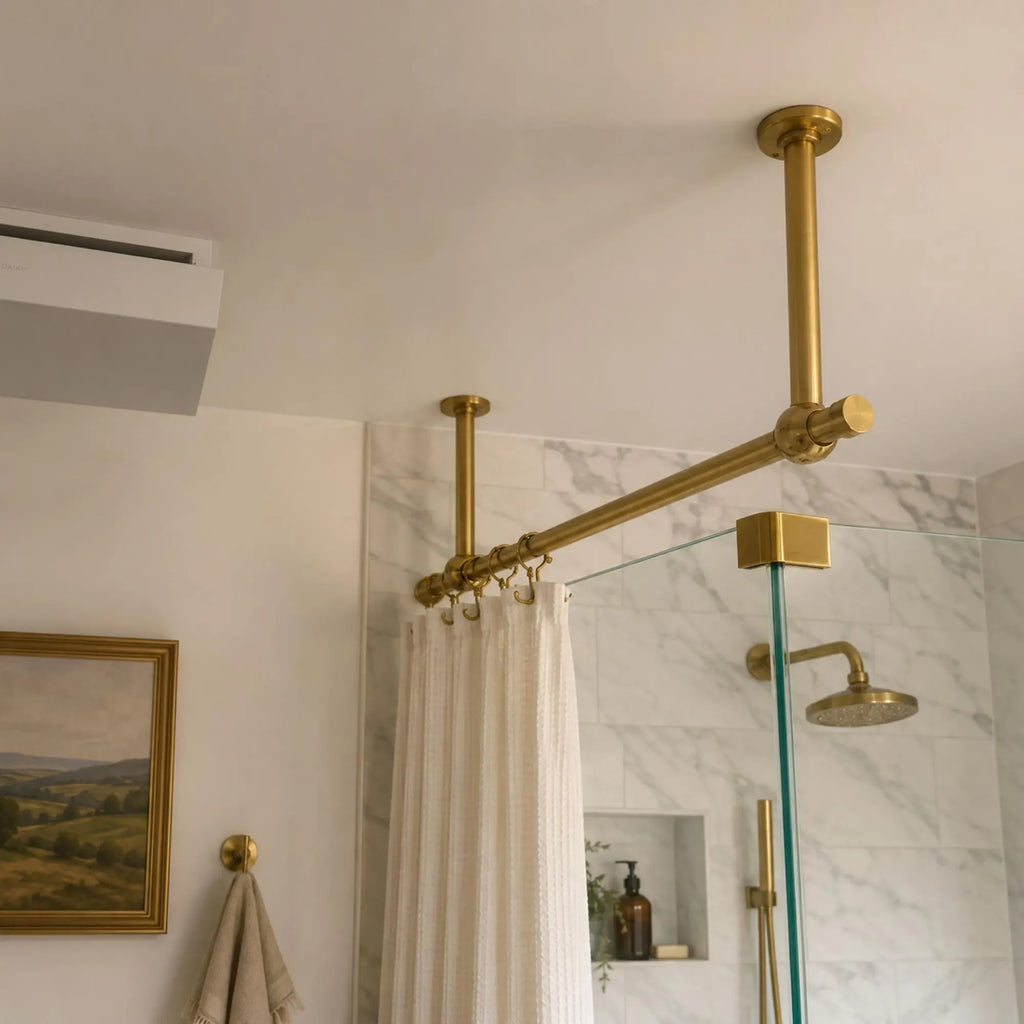 Unlacquered Brass Ceiling-Mounted Shower Curtain Rod, Custom Size Bathroom Hardware