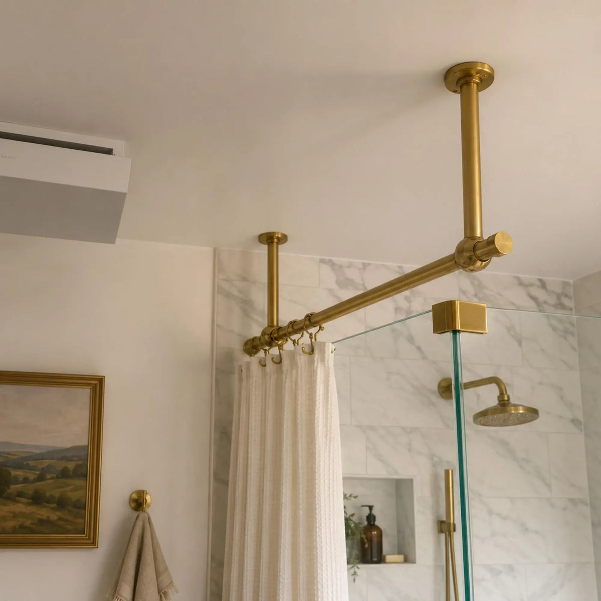 Unlacquered Brass Ceiling-Mounted Shower Curtain Rod, Custom Size Bathroom Hardware