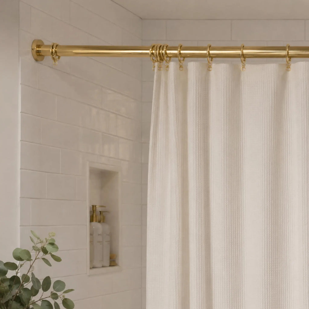 Unlacquered Brass Shower Rod – Wall-to-Wall Curtain Rail with Rings