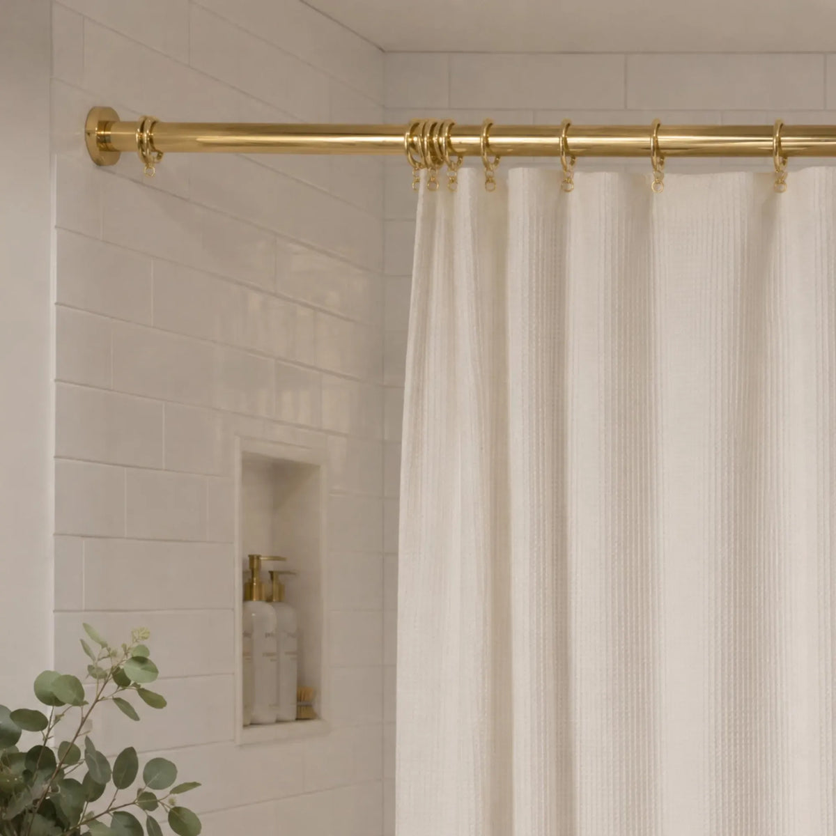 Unlacquered Brass Shower Rod – Wall-to-Wall Curtain Rail with Rings