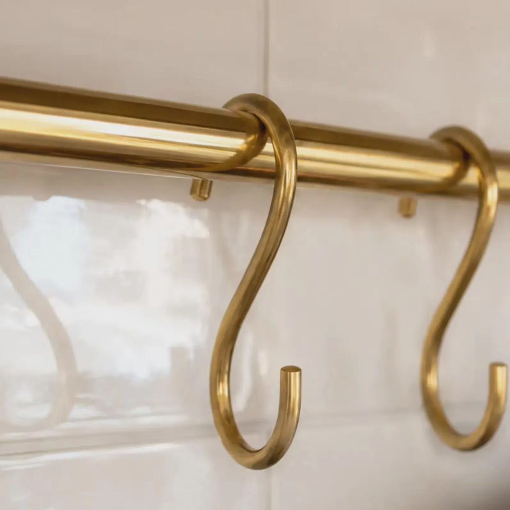 Ceiling Mounted Brass Rod with S-Hooks – Rustic Heavy Duty Hanging Bar and Pot Rack