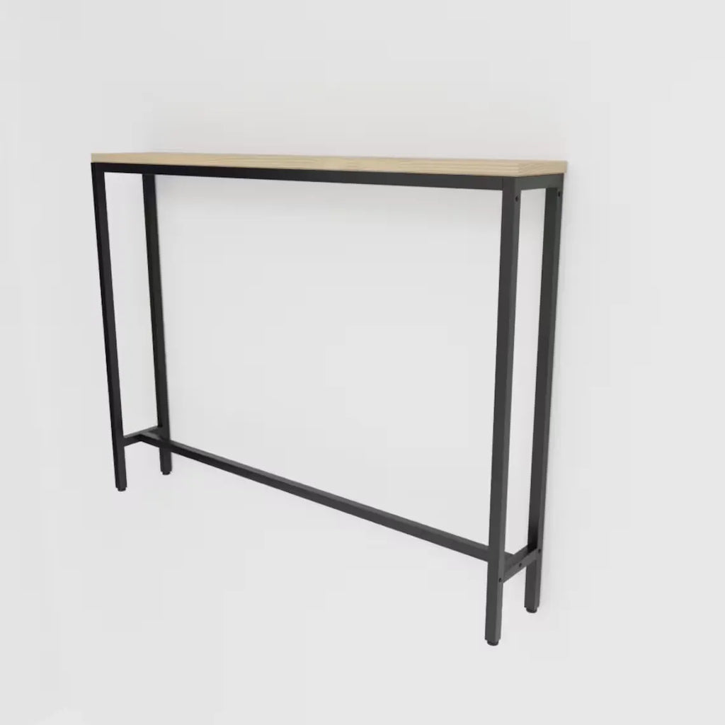 A modern console table featuring a light natural wood top and a black metal frame with a lower support rail, shown against a plain white background.
