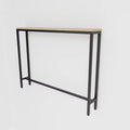 A modern console table featuring a light natural wood top and a black metal frame with a lower support rail, shown against a plain white background.