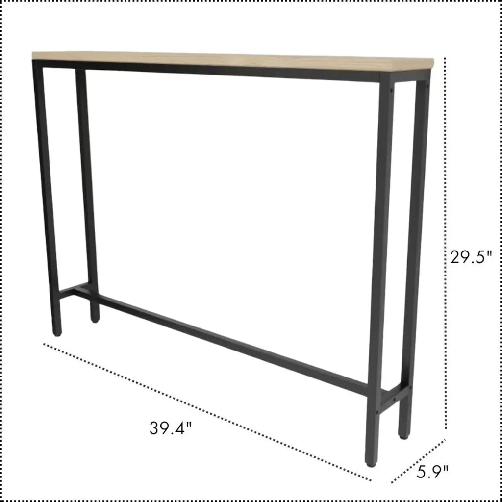 A high bar table with a light beige wood top and a black metal frame, shown with dimension lines and labels indicating 39.4 inches length, 29.