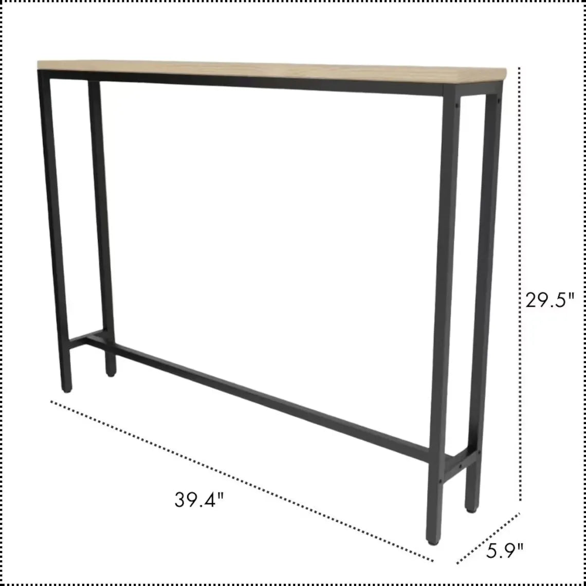 A high bar table with a light beige wood top and a black metal frame, shown with dimension lines and labels indicating 39.4 inches length, 29.