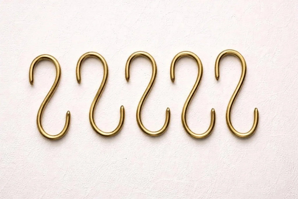 Wall-Mounted Brass Rod with S-Hooks – Rustic Heavy Duty Hanging Bar, Brass Pot Rack