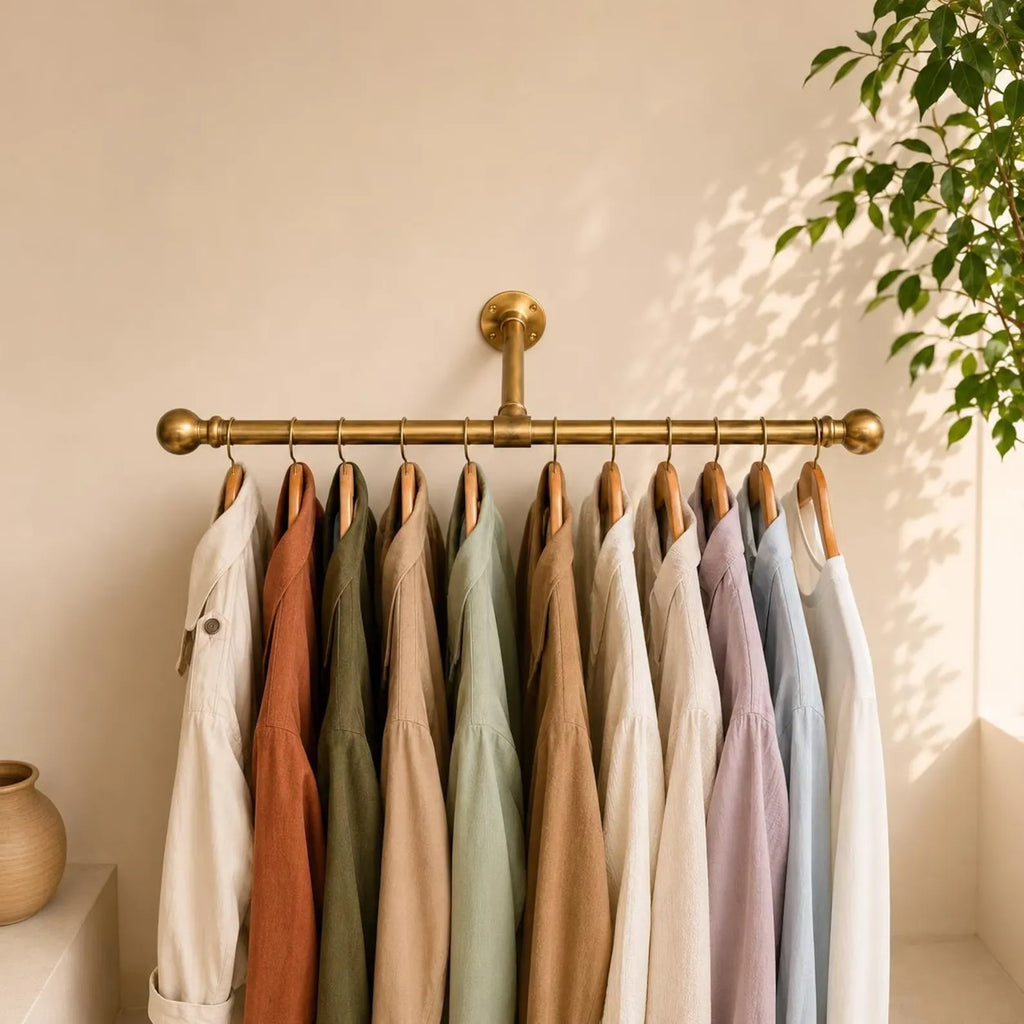 Wall Mounted Clothing Rod, Solid Garment Rack, Minimalist Closet Rod, Unlacquered Brass Hanging Rail