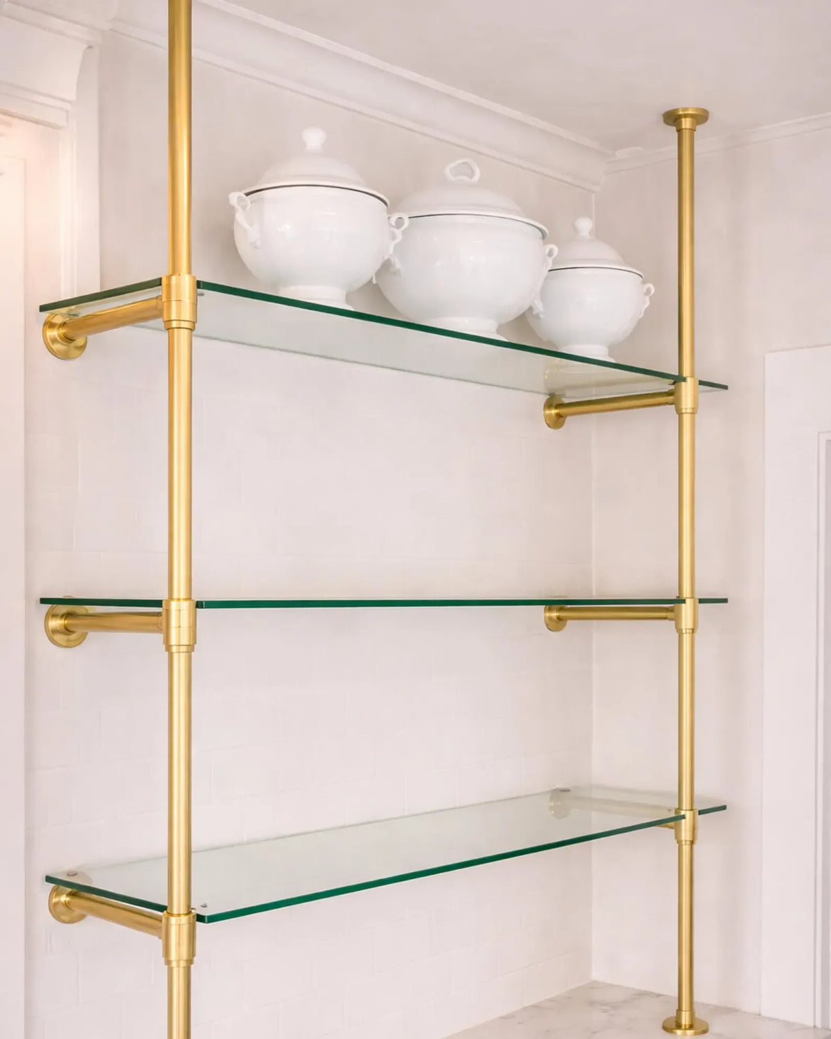 Unlacquered Brass Floor to Ceiling Shelving Frame – Customizable Luxury Bathroom Organizer