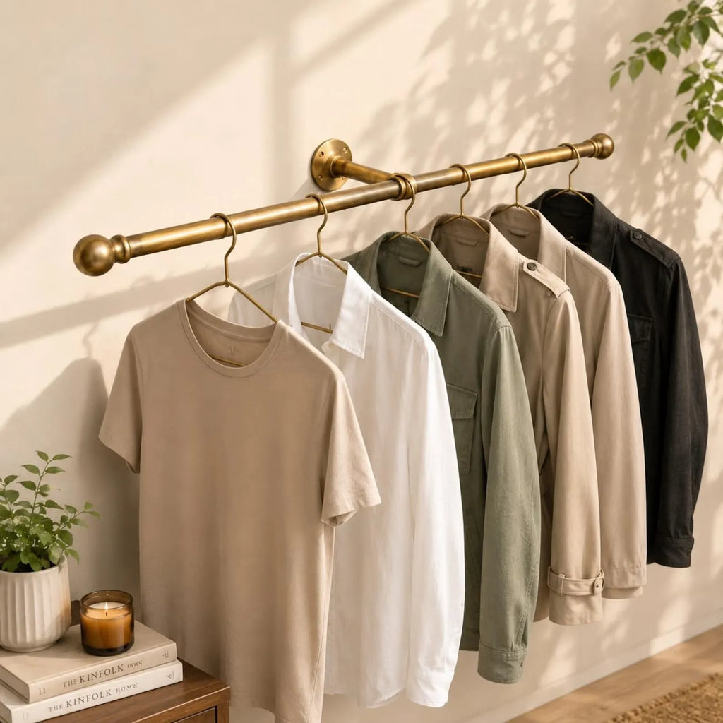 Wall Mounted Clothing Rod, Solid Garment Rack, Minimalist Closet Rod, Unlacquered Brass Hanging Rail