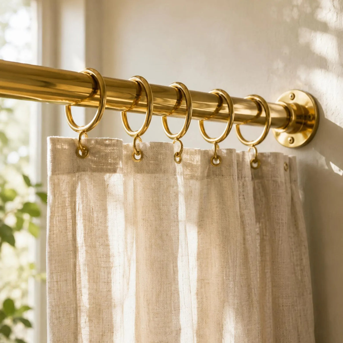 Unlacquered Brass Shower Rod – Wall-to-Wall Curtain Rail with Rings