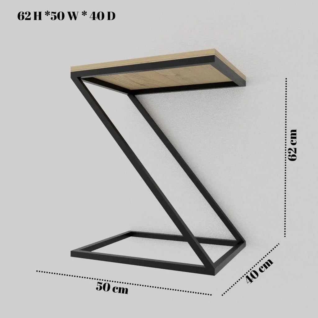 A Z-shaped metal side table with a light wood top, shown with dimension labels: 62 cm height, 50 cm width, and 40 cm depth on a light gray background.