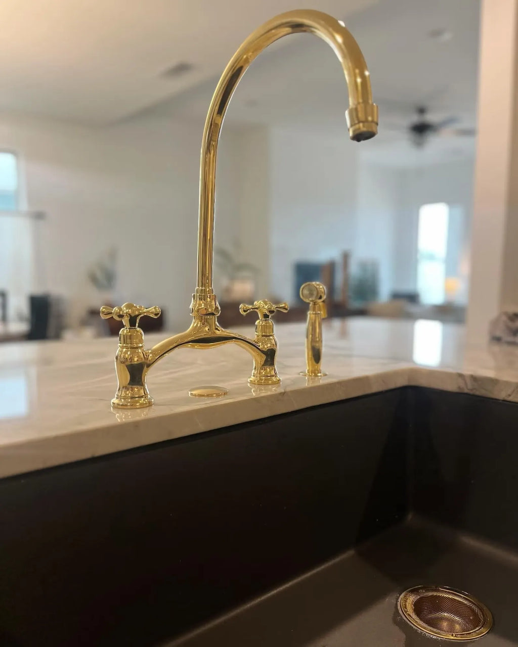 Unlacquered Brass Arched V Kitchen Bridge Faucet with Sprayer
