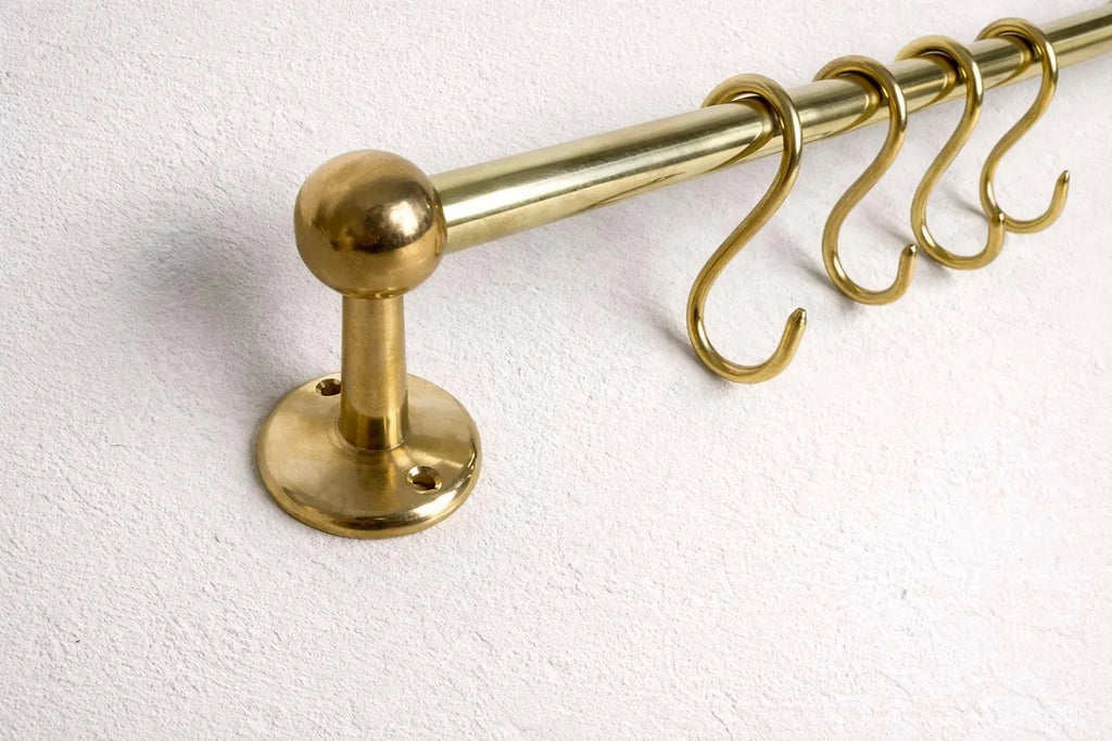 Wall-Mounted Brass Rod with S-Hooks – Rustic Heavy Duty Hanging Bar, Brass Pot Rack