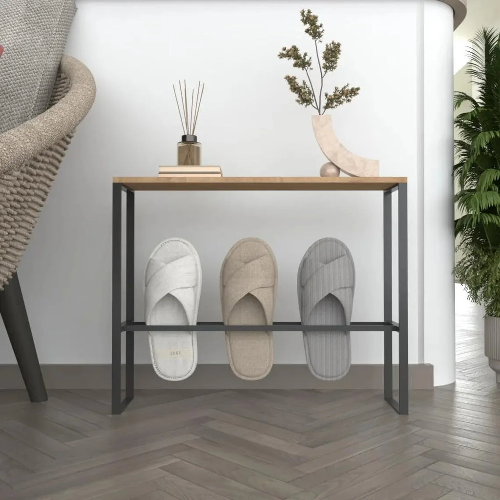 Modern Black Solid Brass  Slipper Rack with Wood Top, Minimalist Entryway Shoe Organizer