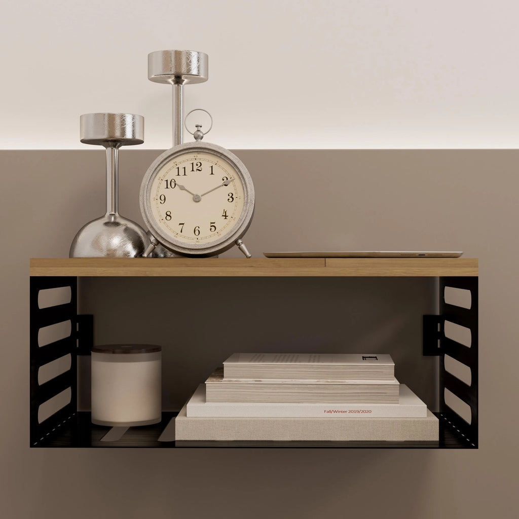 Solid Brass & Wood Floating Nightstand: Wall-Mounted Bedside Table