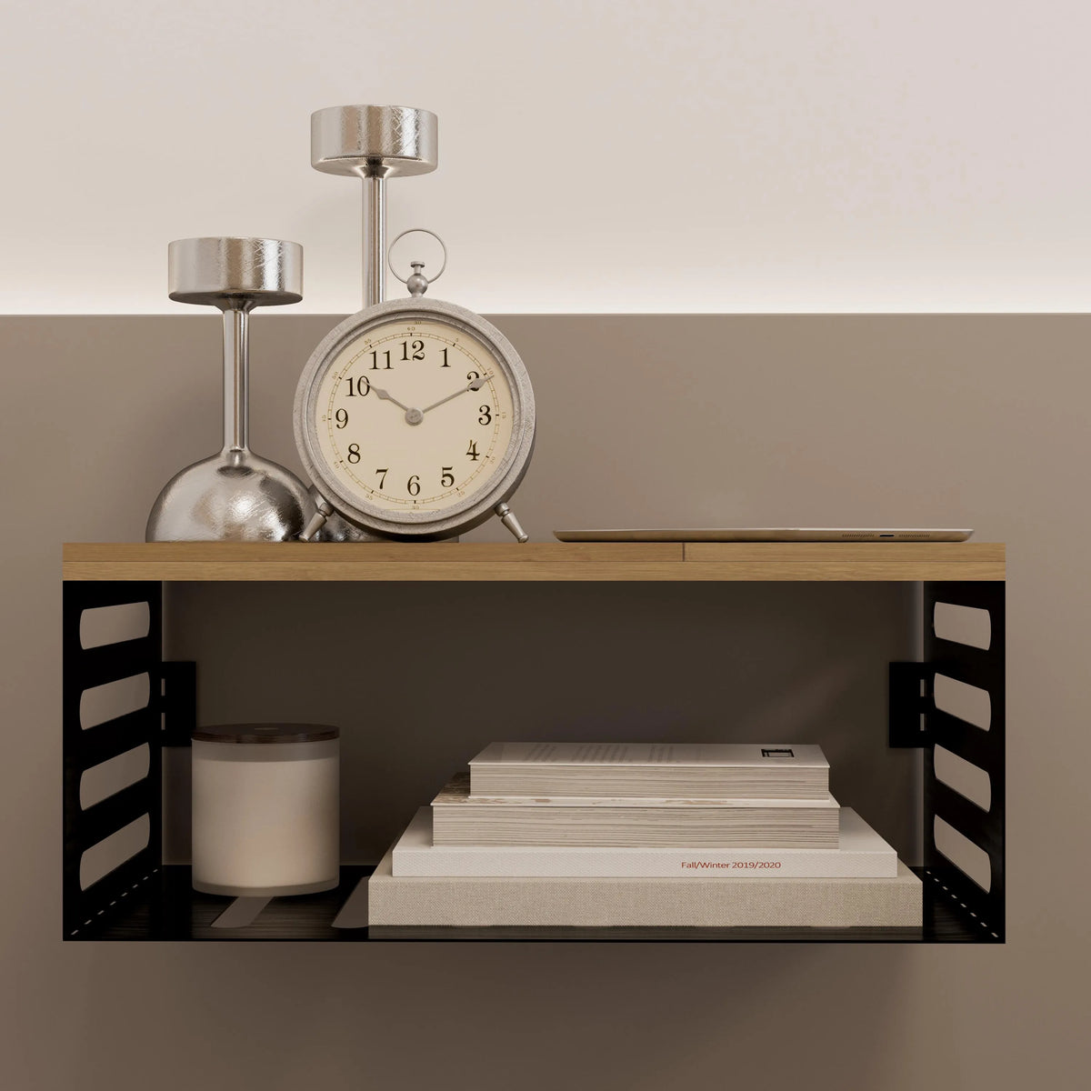 Solid Brass & Wood Floating Nightstand: Wall-Mounted Bedside Table