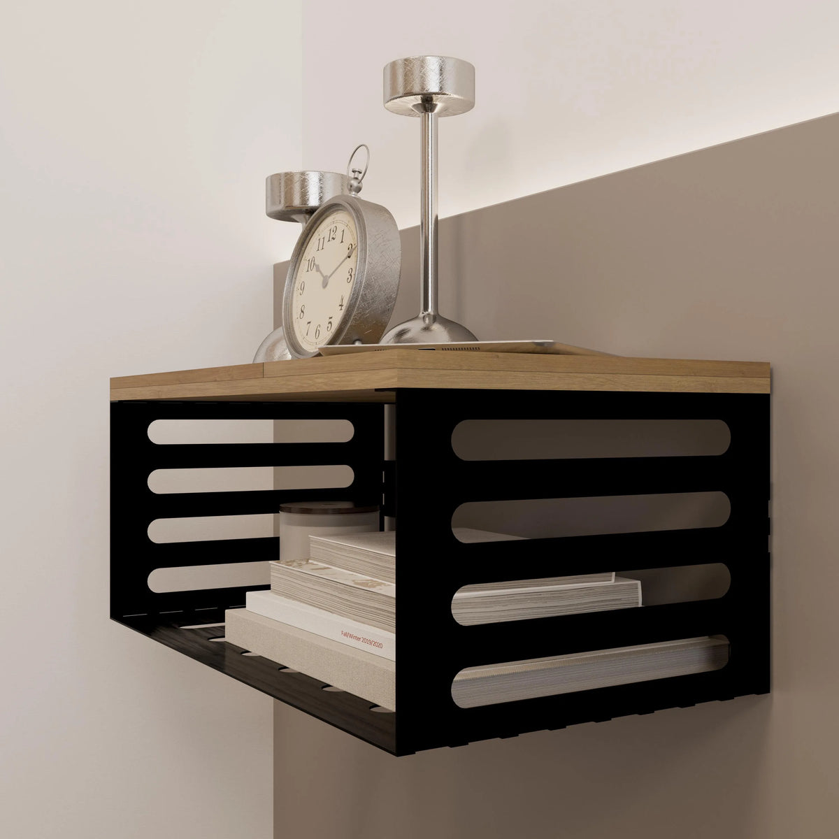 Solid Brass & Wood Floating Nightstand: Wall-Mounted Bedside Table