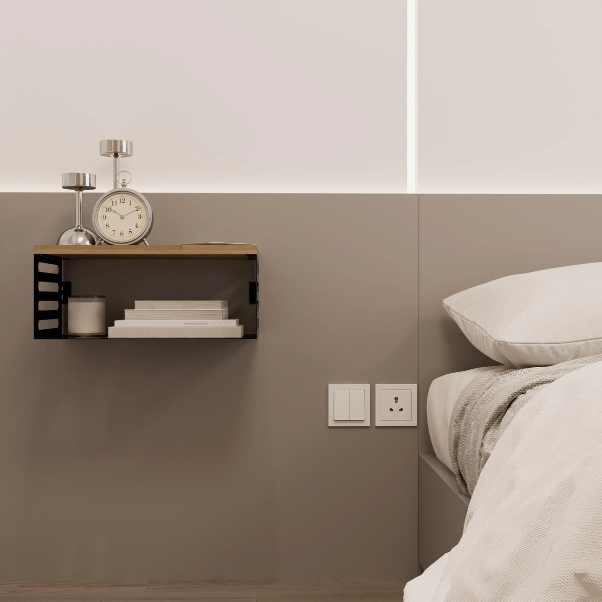 Solid Brass & Wood Floating Nightstand: Wall-Mounted Bedside Table